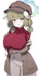  absurdres animal_ears blue_archive blue_halo blush breasts brown_coat brown_hat cabbie_hat coat covered_nipples cowboy_shot female green_eyes green_hair halo hat highres large_breasts lelex long_sleeves open_clothes open_coat open_mouth red_shirt sheep_ears sheep_tail shirt short_hair short_twintails simple_background smile solo tail twintails white_background yakumo_(blue_archive) 