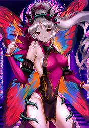  breasts butterfly_wings crown_of_thorns diamond_facial_mark facial_mark fairy fairy_wings female fire_emblem fire_emblem_heroes forehead_mark grey_hair hair_vines hakutou2020 highres insect_wings large_breasts leotard mosaic_background pelvic_curtain plant plant_hair plumeria_(fire_emblem) pointy_ears red_eyes red_leotard solo thorns torn_belt vines wings 