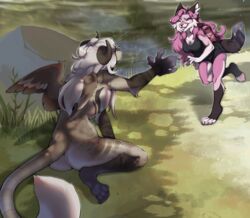  anthro canid canine date domestic_cat duo felid feline felis female female/female forest fox hi_res hybrid kyjaanka love male male/female mammal nature plant romantic romantic_couple running scenery shaded sitting smile sunny tail tree 