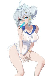  absurdres azur_lane bare_shoulders between_legs blue_eyes blush bracelet breasts cleavage covered_navel double_bun female flower_ornament food food_in_mouth frilled_one-piece_swimsuit frills hair_between_eyes hair_bun hair_ornament hairclip hand_between_legs head_tilt highres hip_focus holding holding_food holding_popsicle jade_(a_lick_of_summer)_(azur_lane) jade_(azur_lane) jewelry kanshoi leaning_forward leaning_to_the_side legs_apart looking_at_viewer medium_breasts medium_hair mole mole_under_eye mouth_hold neckerchief official_alternate_costume one-piece_swimsuit pearl_bracelet popsicle popsicle_in_mouth sailor_collar sideboob solo star_(symbol) star_hair_ornament swimsuit thighs white_hair white_neckerchief 