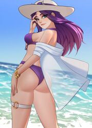  bikini breasts caitlyn_(league_of_legends) commentary day english_commentary eyewear_on_headwear female hat highres jewelry league_of_legends long_hair looking_at_viewer o-ring ocean open_clothes outdoors pool_party_(league_of_legends) pool_party_caitlyn purple_bikini purple_hair shinchiiart sideboob smile solo sun_hat sunglasses swimsuit water 