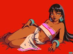  bare_shoulders barefoot bed_sheet black_hair blunt_bangs bracelet breasts brown_eyes chel_(the_road_to_el_dorado) closed_mouth commentary crop_top dark-skinned_female dark_skin earrings english_commentary feet female full_body jewelry lips loincloth long_hair looking_at_viewer lying mayan_clothes navel on_bed on_side pelvic_curtain pink_tube_top pixel_art red_background simple_background smile solo strapless the_road_to_el_dorado thick_thighs thighs thisislux toes tube_top two-tone_tube_top white_loincloth 