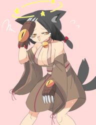  animal_ears bell black_hair blush breasts brown_dress cat_ears cat_girl cat_tail cleavage commentary_request dizzy dress feet_out_of_frame female flying_sweatdrops jingle_bell kyuumei_neko_(onmyoji) large_breasts lets0020 looking_at_viewer medium_hair multiple_tails neck_bell nose_blush off-shoulder_dress off_shoulder onmyoji open_mouth pink_background seeing_stars simple_background slit_pupils smile solo standing tail tearing_up two_tails wide_sleeves yellow_eyes 