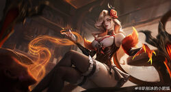  absurdres arm_support artist_name blonde_hair breasts claws crossed_legs earrings evelynn_(league_of_legends) feet_out_of_frame female fingernails flower hair_flower hair_ornament high_noon_evelynn highres indoors jewelry large_breasts league_of_legends long_hair looking_at_viewer official_alternate_costume official_alternate_hairstyle pa_baobing parted_lips red_flower red_rose rose signature single_earring sitting solo table yellow_eyes 