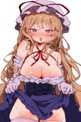  :o bare_shoulders blonde_hair blush breasts cleavage commentary_request dress elbow_gloves female gloves hat highres large_breasts long_hair looking_at_viewer mikan_(manmarumikan) mob_cap neck_ribbon purple_eyes red_ribbon ribbon simple_background skindentation skirt_hold solo strapless strapless_dress sweat thighhighs touhou very_long_hair white_background white_gloves white_thighhighs yakumo_yukari 