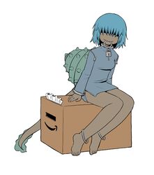  amazon_(company) anklet aquatic_gastropod asian_clothing asian_mythology blue_hair box brown_body brown_skin cardboard cardboard_box chinese_clothing chinese_dress chinese_mythology clothing container dragon dress east_asian_clothing east_asian_mythology eastern_dragon female fin futaba_channel gastropod grey_clothing hair hidden_eyes hikikomori humanoid hybrid jewelry jiaotu lock maid_headdress marine mollusk mythological_creature mythological_scalie mythology nijiura_maids scalie sea_snail shell shouzu-san simple_background snail solo tail tail_fin unknown_artist white_background 