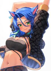  animal_ears arms_up belt black_jacket blue_hair breasts brown_belt cat_ears cleavage commentary crop_top facial_mark female final_fantasy final_fantasy_xiv green_eyes hair_between_eyes highres jacket looking_at_viewer medium_breasts medium_hair midriff miqo&#039;te navel open_clothes open_jacket pattikou pink_lips short_sleeves smile solo stomach upper_body warrior_of_light_(ff14) whisker_markings 