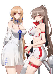  2girls absurdres against_railing alternate_breast_size alternate_costume asymmetrical_legwear azur_lane bare_shoulders blue_ribbon breasts brown_hair can cleavage cleavage_cutout clothing_cutout covered_nipples dress from_side high_ponytail highres holding holding_can jean_bart_(azur_lane) large_breasts long_hair long_sleeves looking_at_viewer multiple_girls orange_hair race_queen railing red_eyes ribbon richelieu_(azur_lane) short_dress shorts siblings simple_background sisters thigh_strap very_long_hair white_background white_dress white_shorts wsfw 