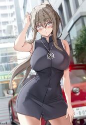  arm_up black_dress blush breasts brown_hair building car city closed_mouth covered_navel dress english_commentary female glasses grey_eyes hair_between_eyes highres jewelry keenh large_breasts long_hair looking_at_viewer motor_vehicle necklace original outdoors photo_background ponytail road sidelocks sleeveless sleeveless_dress solo standing street tree 