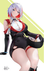  baige0 bare_shoulders belt black_belt black_gloves blue_eyes breasts cleavage colored_inner_hair elbow_gloves feet_out_of_frame female gloves head_tilt honkai:_star_rail honkai_(series) large_breasts looking_at_viewer multicolored_hair red_hair revision shirt short_hair sitting smile solo thigh_strap thighs topaz_(honkai:_star_rail) white_background white_hair white_shirt 