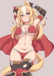  absurdres animal_ears armor armpits arms_behind_head arms_up ass_visible_through_thighs bikini bikini_armor blonde_hair blue_eyes blush bracer breasts cape cleavage cowboy_shot cuffs durandal_(umamusume) ear_covers elbow_gloves female gloves grimace hakutaqanta handcuffs highres horse_ears horse_girl horse_tail knees_together_feet_apart large_breasts long_hair looking_at_viewer multicolored_hair navel red_bikini red_cape simple_background single_ear_cover solo streaked_hair sweatdrop swimsuit tail thighhighs umamusume 