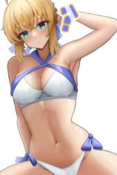  ? ahoge arm_at_side arm_up armpits artoria_pendragon_(fate) bare_arms bare_shoulders bikini blonde_hair blue_ribbon blush breasts cleavage closed_mouth commentary_request cowboy_shot criss-cross_halter crossed_bangs curvy fate/grand_order fate_(series) female green_eyes groin hair_between_eyes hair_ribbon halterneck highleg highleg_bikini highres large_breasts looking_at_viewer making-of_available medium_hair midriff navel phaethonvt ribbon saber_(fate) side-tie_bikini_bottom sidelighting sidelocks simple_background solo stomach swimsuit tsurime white_background white_bikini 