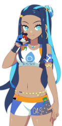  aqua_eyes armlet belly_chain bike_shorts black_hair blue_eyeshadow blue_hair closed_mouth commentary_request cowboy_shot dynamax_band earclip earrings eyelashes eyeshadow female gloves hair_bun hand_up highres holding holding_poke_ball hoop_earrings jewelry koroni_(nkrgs) looking_at_viewer makeup midriff multicolored_hair nessa_(pokemon) partially_fingerless_gloves poke_ball poke_ball_(basic) pokemon pokemon_swsh sidelocks single_glove smile solo sports_bra two-tone_hair 