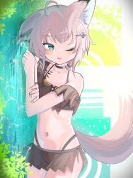  ;d absurdres ahoge animal_ear_fluff animal_ears arknights bare_shoulders bikini black_bikini black_choker blue_eyes brown_hair choker collarbone commentary_request female fox_ears fox_girl fox_tail groin highres layered_bikini lying navel on_side one_eye_closed ripples sideways smile solo spam_(spamham4506) sussurro_(arknights) sussurro_(summer_flower)_(arknights) swimsuit tail water 