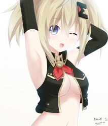  arm_up armpits bad_deviantart_id bad_id blonde_hair blue_eyes breasts crop_top elbow_gloves female gloves god_eater_(neptunia) hair_between_eyes hair_ornament highres keenh looking_at_viewer medium_breasts navel neptune_(series) one_eye_closed open_mouth shin_jigen_game_neptune_vii short_hair signature simple_background smile solo stomach third-party_source twintails upper_body white_background 