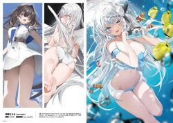  3girls :3 angel angel_wings artist_name ass belt bikini blush breasts brown_hair camera clownfish commentary_request dress feet fish fish_request kamioka_shun&#039;ya large_breasts long_hair looking_back multiple_girls original page_number red_eyes sailor_collar sailor_dress smile soles swimsuit translation_request underwater water white_dress white_hair wings 