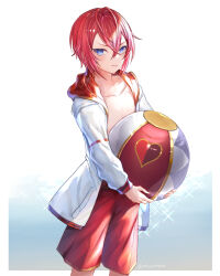  1boy ball beach beachball blue_eyes coat cowboy_shot highres holding holding_ball holding_beachball looking_at_viewer male_focus male_swimwear mitsunari_miyako no_shirt ocean outdoors red_hair riddle_rosehearts short_hair solo swim_trunks twisted_wonderland white_coat 