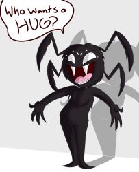  2019 4_fingers 6_legs 8_eyes 8_limbs alpha_channel anthro arachnid arthropod asking_viewer black_body black_fur black_tuft chest_tuft colored dialogue don&#039;t_starve english_text fangs featureless_feet feet fingers fluffy fur glistening glistening_eyes happy hi_res kittykatty123 klei_entertainment looking_at_viewer male multi_eye multi_leg multi_limb no_pupils open_mouth question question_mark shaded shadow sharp_teeth simple_background smile smiling_at_viewer solo speech_bubble spider spreading_arms standing talking_to_viewer teeth text tongue transparent_background tuft webber white_background 