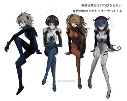  2boys 2girls albedo_(genshin_impact) ayanami_rei ayanami_rei_(cosplay) blue_bodysuit blue_hair bodysuit breasts closed_mouth cosplay ganyu_(genshin_impact) genshin_impact halo highres horns ikari_shinji ikari_shinji_(cosplay) kanahonamia long_hair looking_down low_ponytail medium_breasts multiple_boys multiple_girls nagisa_kaworu nagisa_kaworu_(cosplay) neon_genesis_evangelion plugsuit red_bodysuit scaramouche_(genshin_impact) simple_background small_breasts souryuu_asuka_langley souryuu_asuka_langley_(cosplay) very_long_hair white_background white_bodysuit 