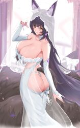  absurdly_long_hair absurdres animal_ears ass ass_cutout azur_lane black_hair breasts bridal_veil butt_crack chinese_commentary closed_mouth clothing_cutout detached_sleeves dress facial_mark falling_petals female fox_ears fox_tail highres huge_breasts long_hair multiple_tails musashi_(azur_lane) musashi_(purest_wisteria)_(azur_lane) official_alternate_costume petals revision smile solo tail tassel unique_(pixiv12704744) veil very_long_hair wedding_dress whisker_markings white_dress white_sleeves yellow_eyes 