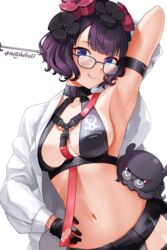  :q armpits bikini black-framed_eyewear black_bikini black_gloves black_hair blue_eyes breasts coat fate/grand_order fate_(series) female glasses gloves hair_ornament hand_on_own_hip highres holding holding_pointer katsushika_hokusai_(9th_anniversary)_(fate) katsushika_hokusai_(fate) lab_coat long_sleeves looking_at_viewer motokebo17 navel octopus official_alternate_costume open_clothes open_coat pointer short_hair simple_background smile solo stomach swimsuit tokitarou_(fate) tongue tongue_out twitter_username white_background white_coat 