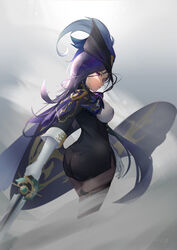  absurdres ascot ass black_corset black_hair blue_cape blue_hair blue_hat breasts cape chinese_commentary clorinde_(genshin_impact) commentary corset dark_blue_hair epaulettes female fold-over_gloves framed_breasts genshin_impact gloves hat hat_feather highres iron_sting_(genshin_impact) large_breasts long_hair low_ponytail pantyhose purple_ascot purple_eyes shirt solo taut_clothes taut_shirt white_gloves white_shirt yingmusang-l1f 