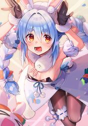  &gt;_&lt; :d absurdres animal_ear_fluff animal_ears arms_up black_gloves black_leotard black_pantyhose blue_hair braid breasts bridal_garter carrot_hair_ornament cleavage clothing_cutout coat coat_dress commentary creature detached_sleeves don-chan_(usada_pekora) extra_ears female food-themed_hair_ornament fur-trimmed_coat fur-trimmed_gloves fur_scarf fur_trim gloves hair_between_eyes hair_ornament highres hikimayu hololive legs_up leotard leotard_under_clothes long_hair mary_janes medium_breasts midair mile_t0r0 multicolored_hair orange_eyes pantyhose parted_hair pekomon_(usada_pekora) playboy_bunny puffy_detached_sleeves puffy_short_sleeves puffy_sleeves rabbit rabbit-shaped_pupils rabbit_ears rabbit_girl rabbit_pose rabbit_tail red_eyes scarf shoes short_eyebrows short_sleeves sidelocks signature smile solo strapless strapless_leotard symbol-shaped_pupils tail thick_eyebrows twin_braids twintails two-tone_hair underboob_cutout usada_pekora usada_pekora_(1st_costume) virtual_youtuber white_coat white_footwear white_hair white_scarf white_sleeves 