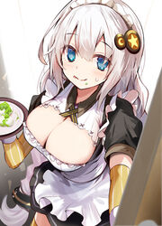  alternate_costume apron black_dress blue_eyes braid breasts cleavage cleavage_cutout closed_mouth clothing_cutout collared_dress commentary detached_sleeves dress efe enmaided female food food_on_face hair_ornament highres holding holding_tray kizuna_akari large_breasts licking_lips long_hair looking_at_viewer maid maid_apron maid_headdress opening_door plate solo standing sweatdrop tongue tongue_out tray twin_braids very_long_hair vocaloid voiceroid white_hair zunda_mochi 