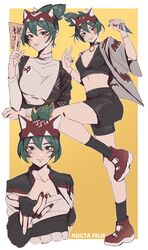  absurdres artist_name belt black_belt black_gloves black_shorts border breasts chest_sarashi commentary crop_top english_commentary female fingerless_gloves fox_shadow_puppet gloves green_eyes green_hair hair_behind_ear hair_between_eyes highres holding holding_knife kiriko_(overwatch) knife kunai looking_at_viewer medium_breasts multiple_views nocta_felis orange_background overwatch overwatch_2 parted_lips ponytail red_footwear sarashi shoes short_hair shorts small_breasts smile sneakers standing standing_on_one_leg talisman weapon white_border 