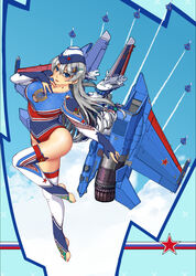  aircraft airplane airplane_wing blue_eyes breasts elbow_gloves female fingerless_gloves full_body gloves grey_hair highres jet large_breasts leotard long_hair looking_at_viewer mecha_musume military nail_polish original personification solo star_(symbol) stirrup_legwear thighhighs toeless_legwear z.s.w. 