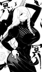  asymmetrical_bangs bird braid braided_bangs breasts crow curvy dress female greyscale hair_over_one_eye hand_on_own_hip highres holding holding_weapon impossible_clothes impossible_dress jujutsu_kaisen large_breasts long_dress long_hair long_sleeves looking_at_viewer mei_mei_(jujutsu_kaisen) monochrome narrow_waist solo taut_clothes taut_dress weapon wide_hips yuki_mizore 