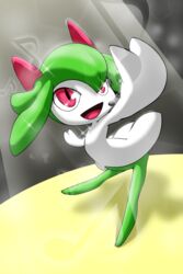  2:3 clothed clothing female generation_3_pokemon green_body green_hair hair hi_res kirlia kitana_(vulapa) nintendo performance performing pokemon pokemon_(species) red_eyes smile spotlight spotlight_beam vulapa 