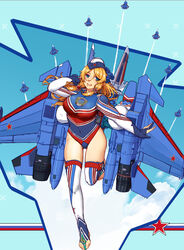  aircraft airplane blonde_hair blue_eyes breasts female fingerless_gloves full_body garrison_cap gloves hat highres jet large_breasts leotard long_hair long_sleeves looking_at_viewer mecha_musume military military_vehicle original personification smile solo star_(symbol) stirrup_legwear su-30 thighhighs toeless_legwear white_thighhighs z.s.w. 