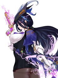  absurdres ascot ass black_corset black_hair blue_cape blue_hair blue_hat breasts cape clorinde_(genshin_impact) corset dark_blue_hair epaulettes female fold-over_gloves framed_breasts genshin_impact gloves gun hat hat_feather highres holding holding_gun holding_sword holding_weapon iron_sting_(genshin_impact) large_breasts leon_kunisagi long_hair low_ponytail pantyhose purple_ascot purple_eyes shirt solo sword taut_clothes taut_shirt tricorne vision_(genshin_impact) weapon white_gloves white_shirt 