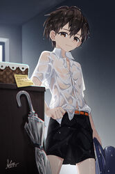  1boy black_shorts brown_eyes brown_hair check_translation closed_umbrella covered_nipples highres koe_(mixpi) male_focus original see-through see-through_shirt shirt short_hair shorts solo translation_request umbrella very_short_hair wet wet_clothes wet_shirt white_shirt 