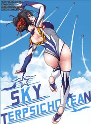  aircraft airplane arm_up ass back back_cutout black_eyes black_hair blue_eyes blue_gloves blue_leotard blue_sky breasts chinese_commentary chinese_text clothing_cutout cloud commentary_request contrail cowboy_shot day elbow_gloves english_text feet female fingerless_gloves from_behind gloves hair_ornament hair_up highres jet kneepits legs leotard looking_at_viewer looking_back mixed-language_text outdoors profile short_hair sky soles solo song_chengshi_(under_the_azure_sky) standing standing_on_one_leg stirrup_legwear thighhighs toeless_legwear toes translation_request under_the_azure_sky z.s.w. 