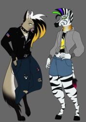  aliasing alternative_fashion american_flag anthro badge belt benard_krez_(davespaceman) biker_jacket black_hair blonde_hair bottomwear canid canine canis chains claws clothing collar dark_body dark_fur davespaceman denim denim_bottomwear denim_clothing digital_media_(artwork) domestic_dog duo ear_piercing ear_ring equid equine facial_markings fur german_shepherd gloves_(marking) gold_(metal) gold_jewelry gold_rings gold_tooth green_eyes green_hair hair head_markings herding_dog heterochromia hi_res hooves jacket jeans jewelry kobi_zebra_(davespaceman) long_hair makeup male male/male mammal markings neck_ring orange_eyes pants pastoral_dog piercing pin_button pink_tail punk purple_eyes purple_hair ring_piercing sharp_teeth shirt snout snout_markings spiked_collar spikes striped_body stripes sweater t-shirt tail tan_body tan_fur teeth tongue tongue_out topwear torn_bottomwear torn_clothing torn_jeans torn_pants united_states_of_america whiskers white_body white_fur white_hair zebra zipper 