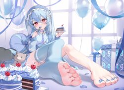  :o absurdres balloon barefoot birthday_cake blue_hair blue_hairband blue_jacket blue_nails blue_shirt blue_skirt blue_thighhighs blush bow box bright_pupils cake cake_slice cherry commentary_request double-parted_bangs feet female fingernails food foot_focus foreshortening fork frilled_hairband frills fruit gift gift_box hair_between_eyes hair_ornament hairband hairbow head_tilt heart heart-shaped_pillow heart_balloon hectyne highres holding holding_fork holding_plate jacket legs long_hair long_sleeves looking_at_viewer nail_polish no_shoes off_shoulder open_clothes open_jacket original panties pantyshot parted_lips petals pillow plate qiya_(kia_098) red_eyes shirt single_thighhigh sitting skirt soles solo stuffed_animal stuffed_toy teddy_bear tenshi_kaiwai thighhighs toeless_legwear toenail_polish toenails toes two_side_up underwear very_long_hair white_bow white_panties white_pupils window x_hair_ornament 