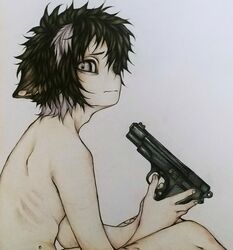  animal_humanoid canid canid_humanoid canine canine_humanoid dog_humanoid ears_down frown gun hair hi_res holding_gun holding_object holding_ranged_weapon holding_weapon humanoid looking_at_viewer looking_back looking_back_at_viewer male mammal mammal_humanoid nude pale_skin pivoted_ears prick_ears ranged_weapon skinny solo squibizill visible_ribs weapon zemy_(squibizill) 