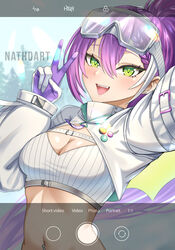  absurdres artist_name badge bandeau blush braid breasts buckle button_badge cleavage colored_inner_hair commentary earrings fake_phone_screenshot fake_screenshot fangs female gloves goggles goggles_on_head green_eyes hair_ornament highres holding holding_megaphone hololive hooded_shrug jewelry long_hair long_sleeves looking_at_viewer megaphone multicolored_hair nathosf navel navel_piercing official_alternate_costume open_mouth piercing pink_hair ponytail purple_hair ribbed_bandeau see-through see-through_sleeves selfie single_braid smile snap-fit_buckle snow_goggles solo strapless streaked_hair tail tokoyami_towa tokoyami_towa_(5th_costume) tube_top two-sided_gloves v virtual_youtuber white_bandeau white_gloves white_hair white_shrug white_tube_top wings 