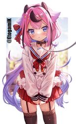  artist_name black_thighhighs blue_eyes blush collar etogami_kazuya fake_horns female garter_straps hair_flaps highres horns leash long_hair looking_at_viewer meika_mikoto multicolored_hair pink_hair pleated_skirt red_skirt school_uniform serafuku shirt skirt solo streaked_hair thighhighs vocaloid white_shirt 