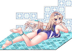  :p anklet ass barefoot blonde_hair blue_eyes bracelet breasts competition_swimsuit enterprise_(warship_girls_r) feet female full_body hair_flaps hairband jewelry large_breasts long_hair looking_at_viewer lying nail_polish on_stomach one-piece_swimsuit smile soles solo swimsuit toes tongue tongue_out warship_girls_r weibo_logo z.s.w. 