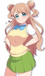  absurdres blue_bow blue_bowtie blue_eyes bow bowtie breasts brown_hair closed_mouth contrapposto cowboy_shot curly_hair double_bun female green_skirt hair_bun hands_on_own_hips highres kanamori_maria kiratto_pri_chan light_blush long_hair looking_at_viewer medium_breasts miniskirt mujin_(mujinzairaisen) pleated_skirt pretty_series school_uniform shirt short_sleeves simple_background skirt smile solo standing swept_bangs two_side_up v-shaped_eyebrows vest white_background white_shirt yellow_vest 