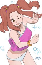  bare_shoulders bikini breasts brown_hair cowboy_shot crop_top female flower_bracelet forehead freckles gochiwa hair_ornament hairclip hibike!_euphonium highres kenzaki_ririka large_breasts long_hair long_sidelocks midriff navel one_eye_closed open_mouth pink_top solo splashing star_(symbol) star_hair_ornament swimsuit tankini twintails water_drop white_background yellow_eyes 