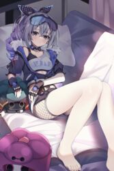  absurdres bare_legs barefoot black_gloves black_jacket black_ribbon black_shorts blush choker critter_pick_(honkai:_star_rail) crop_top eyewear_on_head female fingerless_gloves fishnets gloves grey_eyes grey_hair grey_shirt hair_ribbon highres honkai:_star_rail honkai_(series) indoors jacket long_sleeves looking_at_viewer mellow_kaede midriff off_shoulder ponytail ribbon shirt short_shorts shorts silver_wolf_(honkai:_star_rail) single-shoulder_shirt single_bare_shoulder solo sunglasses thighs 