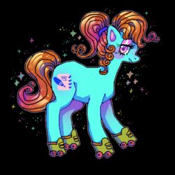  1:1 2021 aliasing black_background blue_body blush bright_eyes_(mlp) brown_hair cutie_mark digital_media_(artwork) equid equine eyelashes eyeshadow feet female female_feral feral hair hasbro horse iridescent iridescent_hair iridescent_mane iridescent_tail low_res makeup mammal mlp_g1 my_little_pony my_little_pony_tales outline pink_eyes pony ponytail quad_skates quadruped roller_skates shaded simple_background solo sparkles standing suippupupu tail 