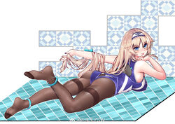  :p anklet ass black_pantyhose blonde_hair blue_eyes bracelet breasts competition_swimsuit enterprise_(warship_girls_r) feet female full_body hair_flaps hairband jewelry large_breasts long_hair looking_at_viewer lying nail_polish no_shoes on_stomach one-piece_swimsuit pantyhose smile solo swimsuit thighband_pantyhose tongue tongue_out warship_girls_r weibo_logo z.s.w. 