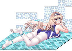  :p anklet ass blonde_hair blue_eyes bracelet breasts competition_swimsuit enterprise_(warship_girls_r) feet female full_body hair_flaps hairband jewelry large_breasts long_hair looking_at_viewer lying nail_polish no_shoes on_stomach one-piece_swimsuit pantyhose smile solo swimsuit thighband_pantyhose tongue tongue_out warship_girls_r weibo_logo white_pantyhose z.s.w. 