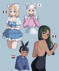  4girls :3 ;) animal_ears apron backless_dress backless_outfit black_dress black_hair blonde_hair blue_dress blue_eyes blue_hoodie blush bow breasts cleavage closed_mouth collarbone commentary_request dress egypt_(kuroussa) egyptian_flag fake_animal_ears france_(kuroussa) french_flag frilled_dress frills frown green_eyes green_hair hairbow hat heterochromia highres hood hoodie jacket japan_(kuroussa) japanese_flag kuroussa long_hair long_sleeves maid_apron medium_breasts mexican_flag mexico_(kuroussa) multicolored_hair multiple_girls one_eye_closed original personification pink_bow pink_jacket puffy_short_sleeves puffy_sleeves rabbit_ears red_eyes short_hair short_sleeves smile streaked_hair white_bow white_hat zipper 