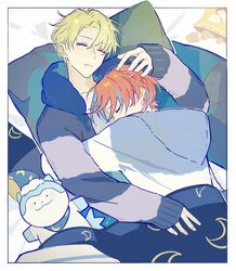  alear_(fire_emblem) alear_(male)_(fire_emblem) alfred_(fire_emblem) blonde_hair blue_fur blue_hair closed_eyes fire_emblem fire_emblem_engage highres lying_on_person male_focus moon_print multicolored_hair pillow red_hair sleeping sommie_(fire_emblem) two-tone_fur two-tone_hair white_fur xun_32 yaoi 